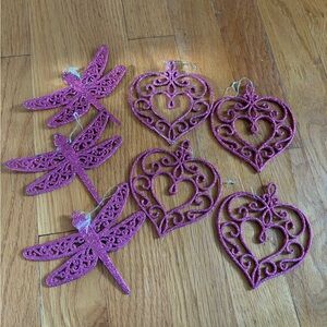 Lot of 7 Heart and Dragonfly Pink Glitter Ornaments